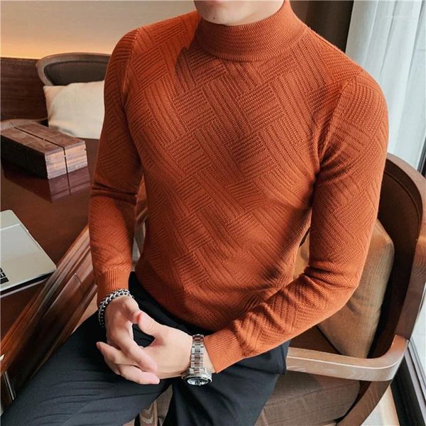 Camisolas masculinas estilo coreano homens inverno xadrez apertado pulôver/masculino fino ajuste moda casual camisola de malha de manga comprida gola alta