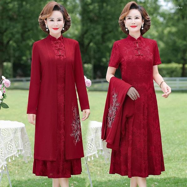 Vestidos casuais mãe da noiva vermelho manga longa babados na altura do joelho malha 2 peças conjunto vestido mulheres festa de casamento convidado