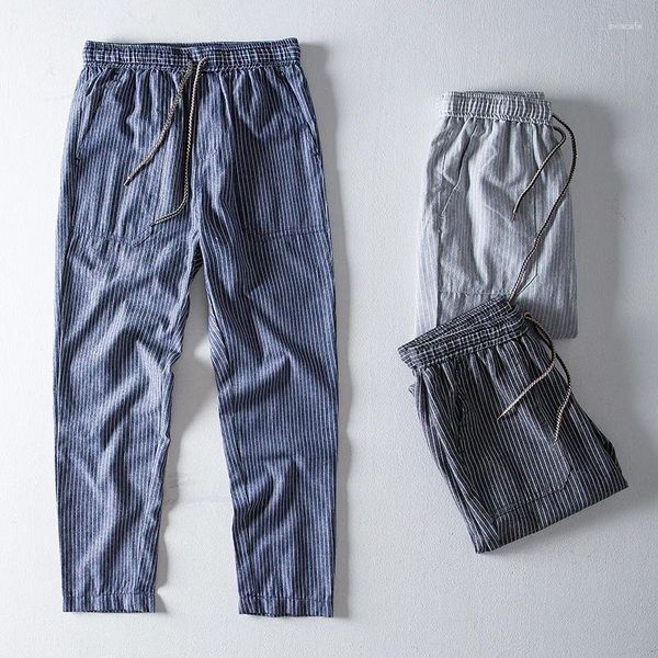 Herrenhose, Japan-Stil, vertikal gestreift, Leinen, lässig, leicht, einfarbig, Baumwolle, für Herren, Cargohose, Kordelzug