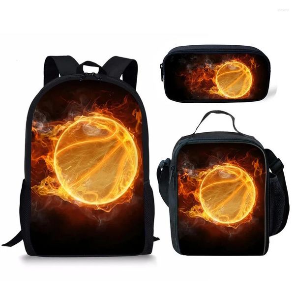 Sırt Çantası Gençlik Ice Fire Basketbol Top 3D Baskı 3 PCS/Set Öğrenci Seyahat Çantaları Dizüstü Dirok Çekiş Öğle Yemeği Çantası Kalem Kılıfı