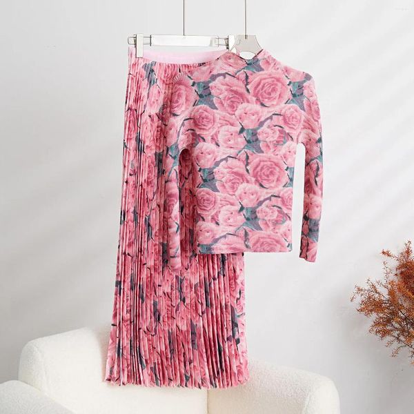 Vestidos de trabalho outono miyake plissado milho dobra rosa flor impressão manga longa camiseta moda a linha saia conjunto duas peças terno