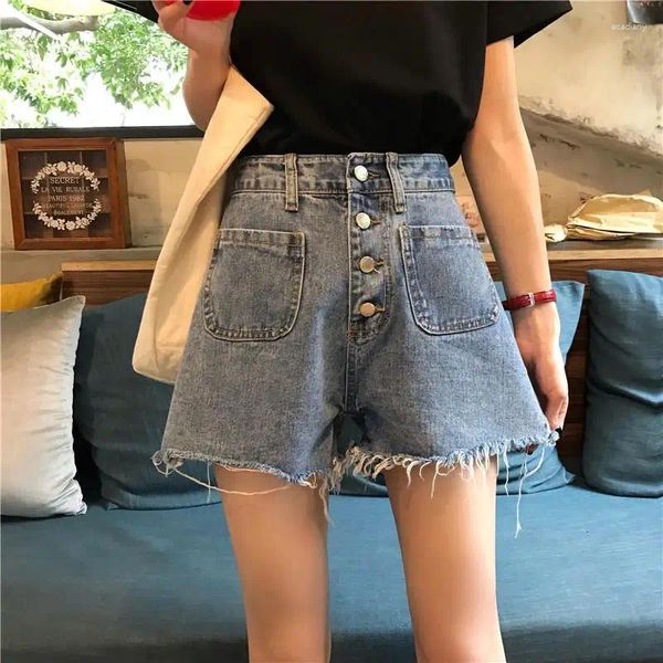 Shorts femininos tamanho grande denim único bolso de peito casual estilo coreano cintura alta jeans sexy solto