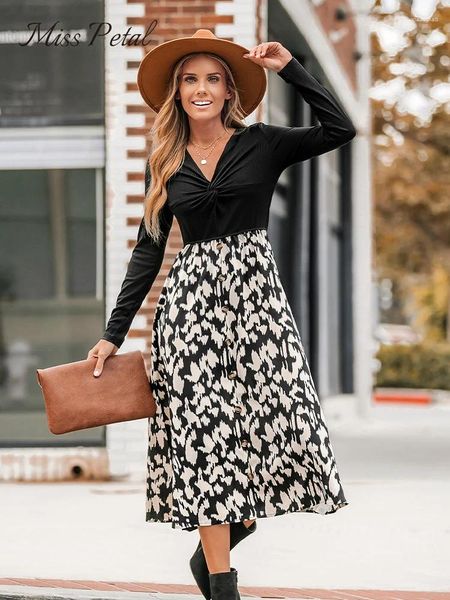 Casual Kleider Leopard Print Langarm Maxi Kleid Für Frauen V-ausschnitt Twist Knopf Vorne A-linie 2023 Herbst Winter Weibliche