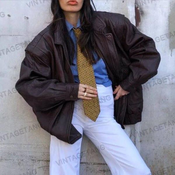 Giacca in pelle da donna 2023 Cappotto sintetico ampio con risvolto marrone vintage street style