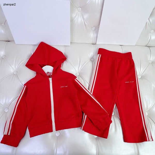Fatos de treino de luxo para menino e menina conforto vermelho bebê jaqueta conjunto crianças tamanho 110-160 cm zip jaqueta com capuz e calças casuais oct15