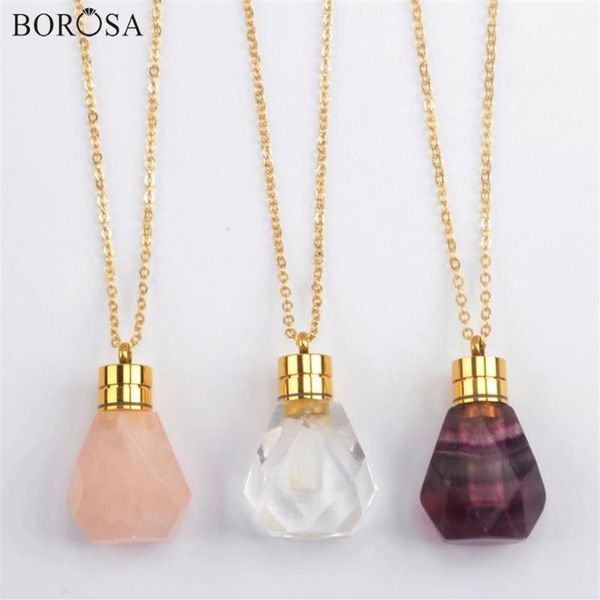 Natürliche Fluorit-Parfümflaschen-Halskette in Goldkristall-Rosa-Quarz-Diffusor-Anhänger für ätherische Öle für Frauen G1979288P