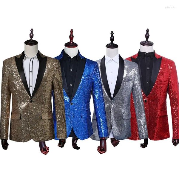 Erkekler Siyah Gümüş Kırmızı Pullu One Düğme Takım Ceket Erkekler Bling Glitter Nightclub Prom DJ Blazer Stagers için Şarkıcılar İçin