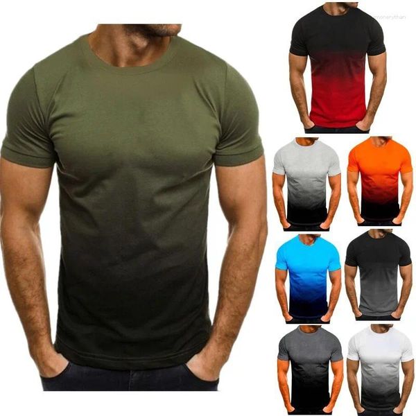 Camiseta masculina verão casual esportes camiseta moda gradiente cor em torno do pescoço manga curta moletom