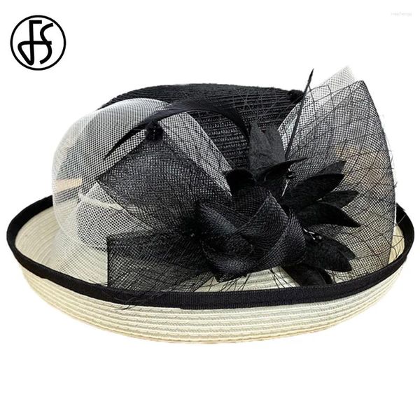 Berretti FS Cappelli a cilindro neri estivi per le donne Matrimonio e Gran Bretagna Retro Curl Brim Sunbonnet Ladies Outdoor Versatile Parasole