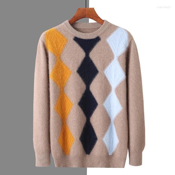 Мужские свитера RONGYI 2023, осенне-зимний норковый кашемировый свитер, одежда с круглым вырезом и контрастным утолщенным пуловером с бриллиантами, джемпер, топ