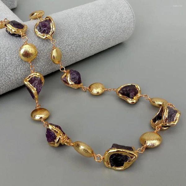 Anhänger KKGEM 20 x 21 mm natürlicher violetter Amethyst, grobes Nugget mit galvanisiertem Rand, gebürstete Perlenwickel-Halskette 23 Zoll für Frauen