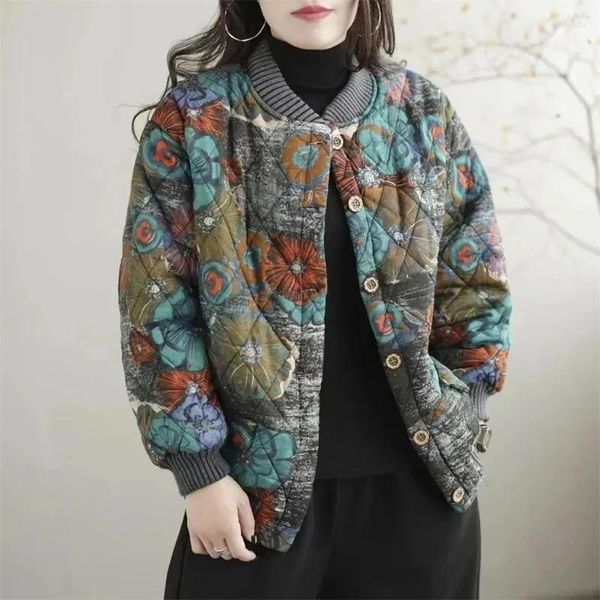 Trench da donna ispessito invernale versione coreana stampa allentata colletto in piedi moda donna casual giacca calda in cotone cardigan top