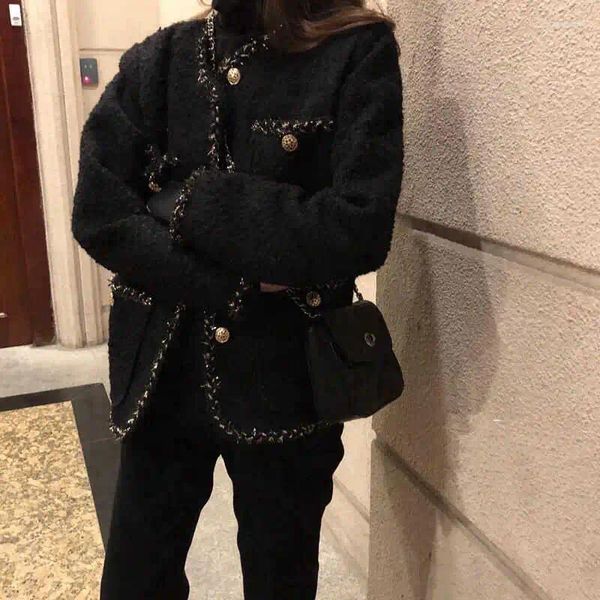 Damenjacken Frauen Herbst Winter Koreanische Casual Oberbekleidung 2023 Weibliche Schwarze Tweed Mäntel Abgeschnitten Gestreift Kawaii Vintage Mode Anzug Mantel