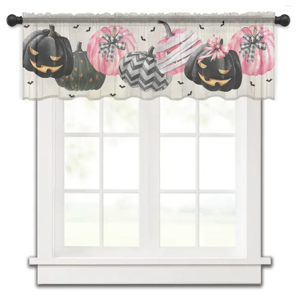 Cortina halloween rosa abóbora morcego arco cozinha cortinas tule sheer curto sala de estar decoração casa voile