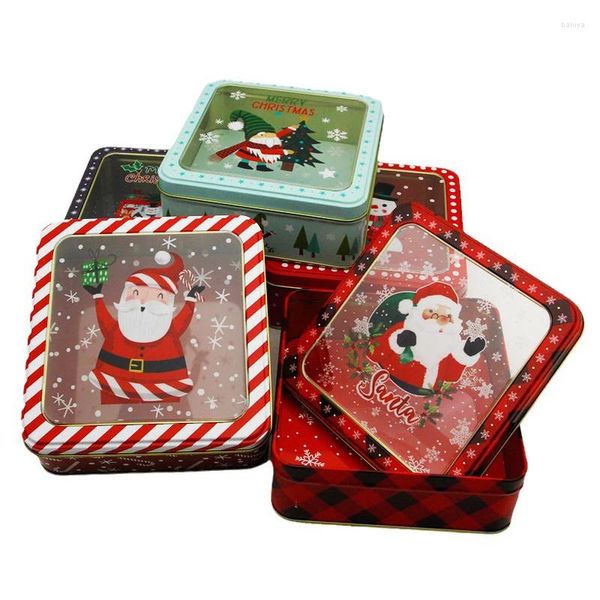 Рождественские украшения Жестяная коробка Просветная жесть с крышкой Упаковка для печенья, мусса для торта Квадратный узор Санта-Клауса