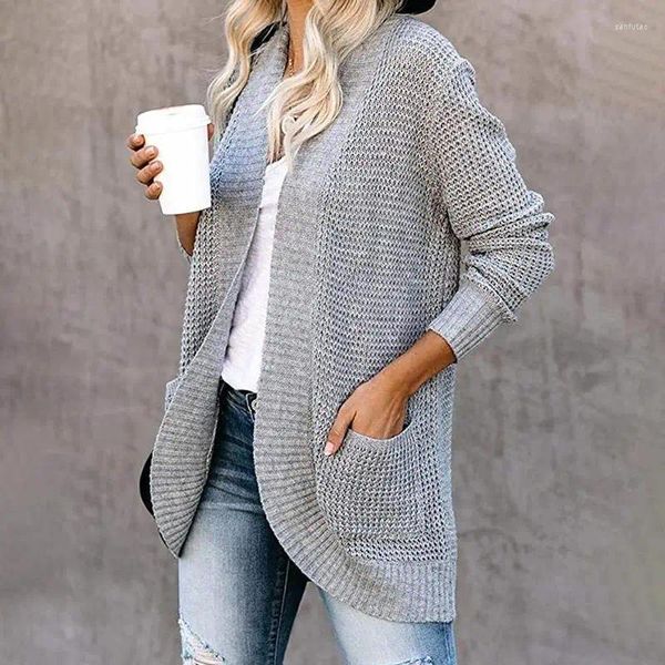 Suéteres femininos Cardigan de comércio exterior no outono e inverno 2023 Mulheres com arco placket suéter de bolso grande