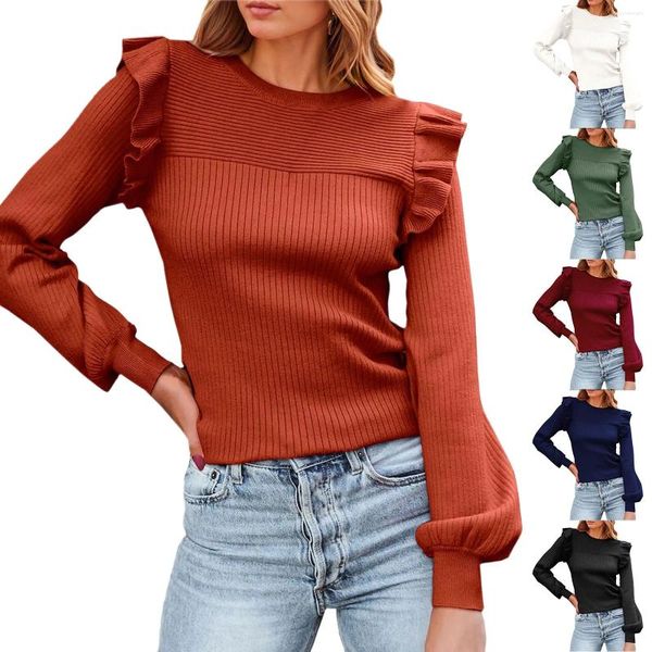 Damenpullover Damen Rüschen Schulterpullover Lange Ärmel Rundhalsausschnitt Slim Fit 2023 Frauen Elegant Herbst Winter Solide Rippenstrickwaren Tops