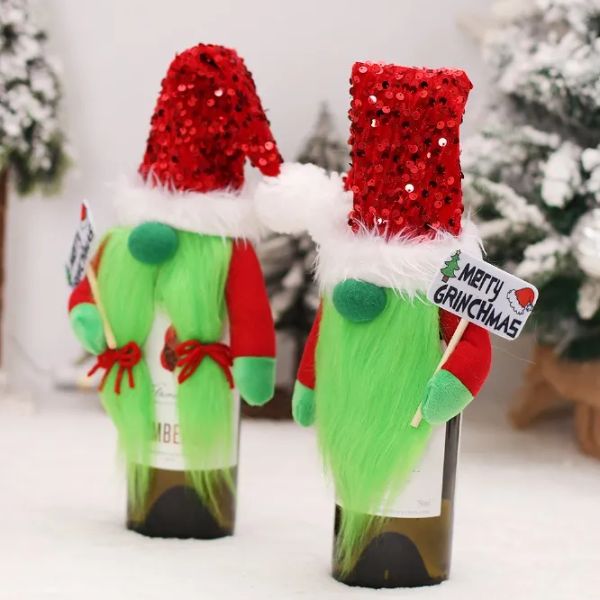 Forniture per decorazioni natalizie Coppia di cartoni animati Grinch Set di bottiglie di vino decorative Tavolo da cucina Oggetti di scena all'ingrosso 1016