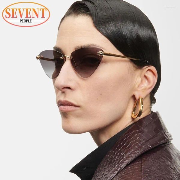 Óculos de sol sem aro olho de gato mulheres moda triângulo óculos de sol para homens armação de metal cateye óculos de sol vintage tons eyewear