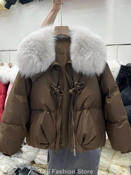 Casacos de Trench das Mulheres Grande Gola de Pele Real Inverno Mulheres 90% Pato Branco Down Jacket Feminino Curto Grosso Casaco Quente Collor Pena Parka