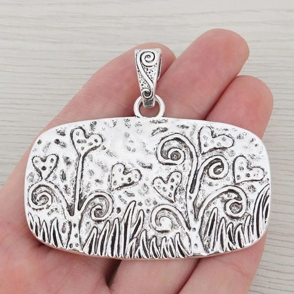 Anhänger Halsketten 2 x tibetisches Silber, großes Rechteck, gehämmerte Blume, Graspflanze, Charms-Anhänger für DIY-Schmuckherstellung, 66 x 47 mm