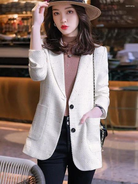 Ternos femininos de alta qualidade branco xadrez blazer jaqueta feminina 2023 moda primavera outono preto escritório senhoras manga longa terno casaco chique vintage