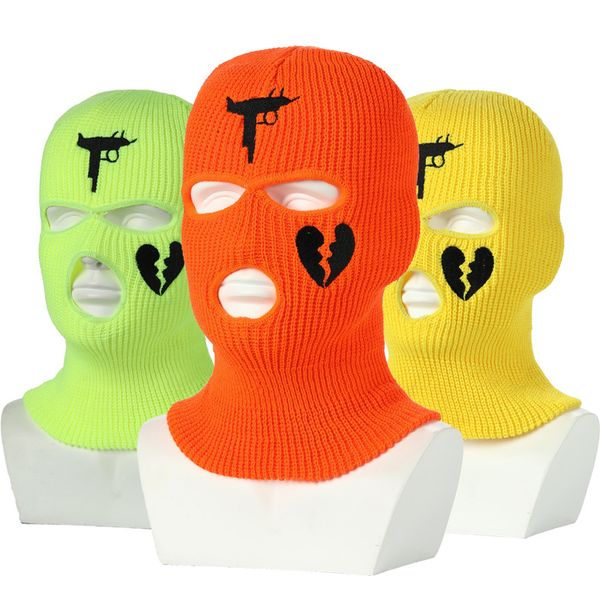 Neon Balaclava Beanie Maschera da sci a tre fori Cappello invernale Acrilico lavorato a maglia Collo sportivo Maschera Sci Snowboard Berretto da vento Polizia Ciclismo Maschere da motociclista Ricamo Cuore