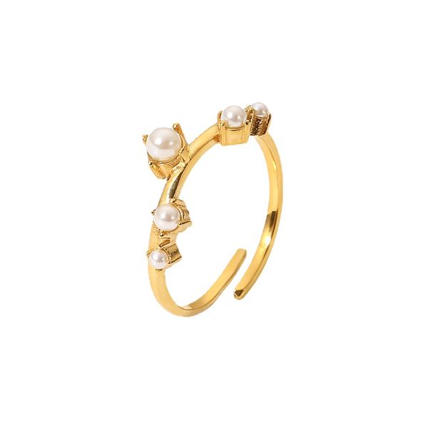 Galvanizado 18k ouro aço inoxidável anel aberto pérola incrustada anel embalagem independente geométrica não desbotamento jóias atacado