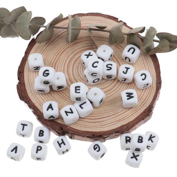 Beißringe Spielzeug 100 stücke Englisch Alphabet Buchstaben 12mm Silikon Würfel Beißring Perlen Bpa Frei ABC Baby Zahnen Schmuck Lehren pflege Spielzeug 231016