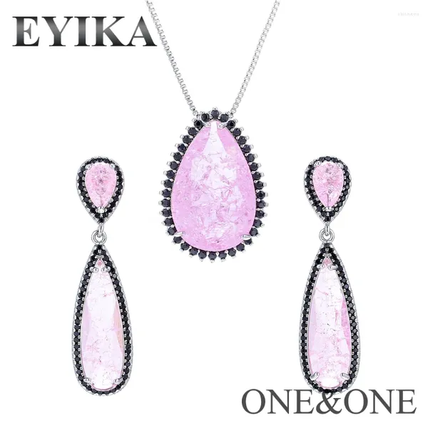 Halskette Ohrringe Set EYIKA Mode Rosa Fusion Kristall Stein Schmuck Tropfenform Herz Dangler Und Gepflasterter Zirkon Für Frauen Geschenk