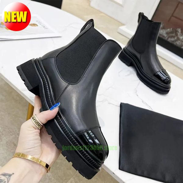 Stivaletti di lusso in pelle di vacchetta verniciata in pelle con motivo check grosso blocco stivaletto chelsea con tacco basso punta tonda slip-on stivaletti marroni neri scarpe firmate m1016