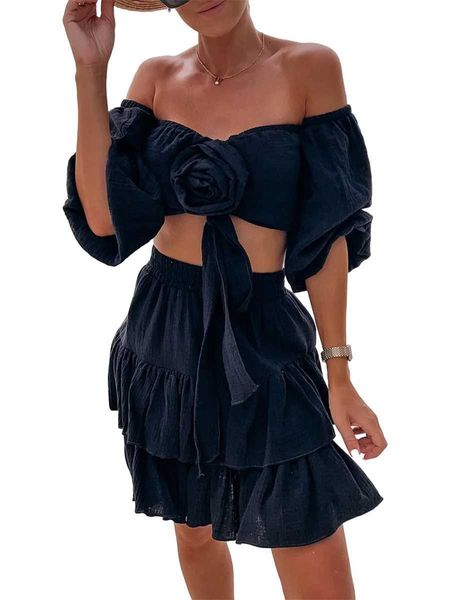 Vestido de duas peças feminino roupas de verão fora do ombro D Rosette Crop Tops Mini Ruffle Saia Conjunto