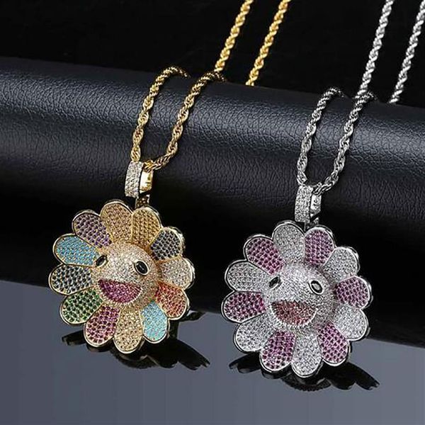 Collana con pendente a forma di girasole, placcato in oro 14 carati, 3 colori, con micro pavé di diamanti con zirconi cubici e corda da 24 pollici cha2006