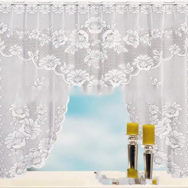 Vorhang Europäische weiße durchscheinende Kaffee-Kettengestrickte Vorhänge Tüllspitze Sheer Jacquard Schlafzimmer Raffrollo