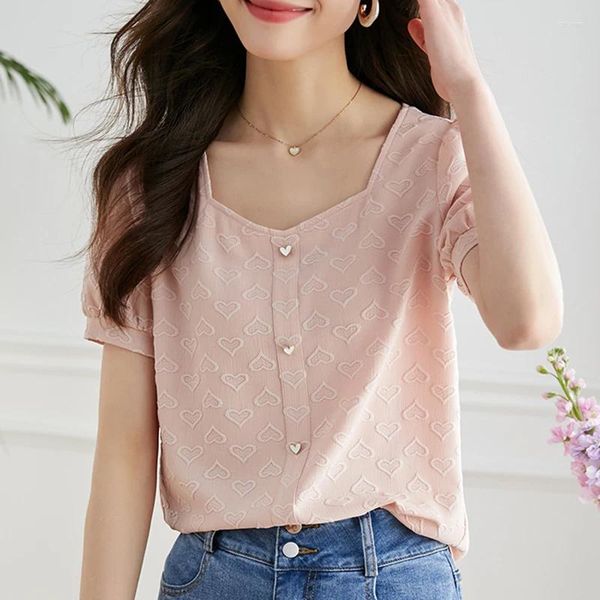 Damenblusen 2023 Sommer-Quadrat-Kragen-Rosa-Bluse für Frauen Koreanische Mode Damenbekleidung Kurzarmhemden Weibliche Tops Camisas E