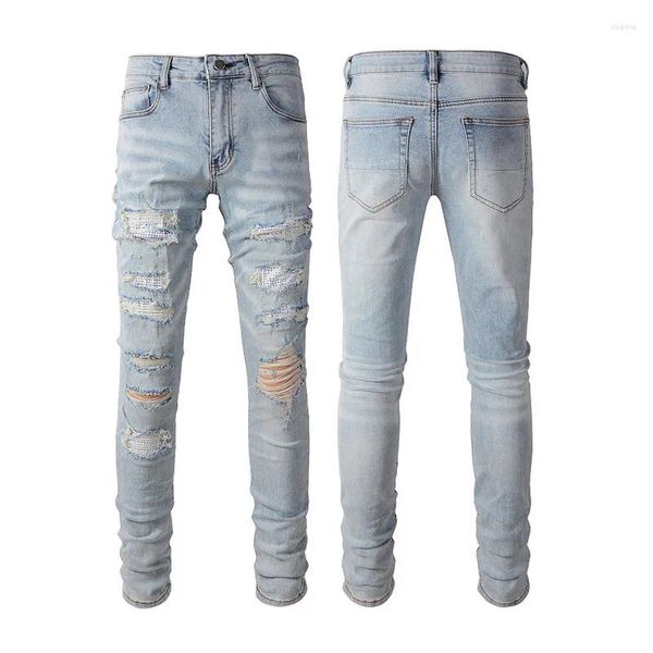 Jeans da uomo High Street Light Vintage Diamond Patch Youth Slim Fit Leggings elasticizzati versatili