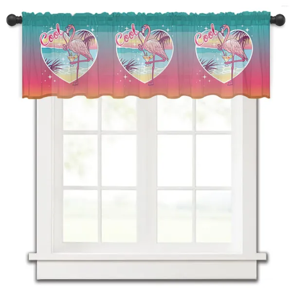 Vorhang am Meer, Flamingo, rosa, kurze, transparente Fenster-Tüllvorhänge für Küche, Schlafzimmer, Heimdekoration, kleine Voile-Vorhänge