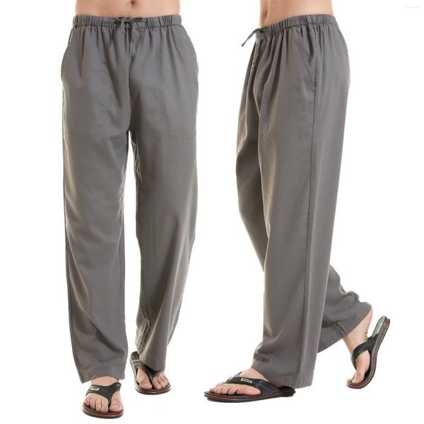 Calças masculinas casual linho algodão yoga respirável solto sweatpants praia lounge cintura elástica fitness