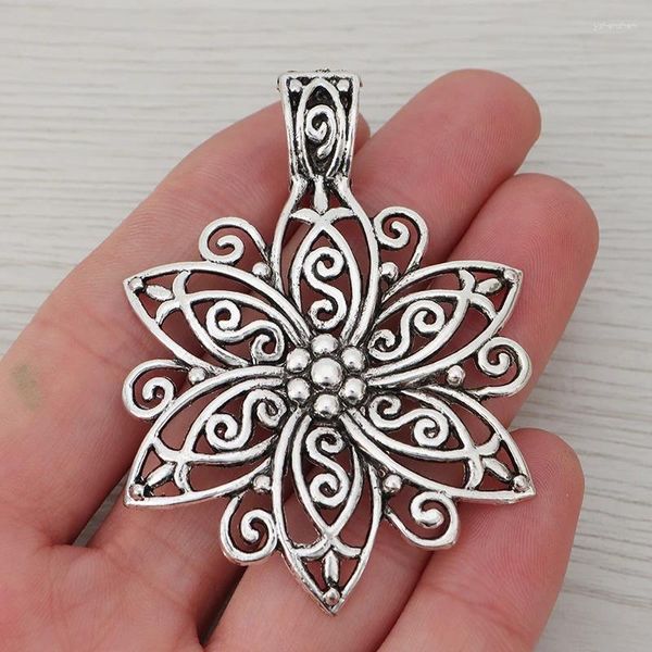 Anhänger-Halsketten, 3 x tibetisches Silber, große, hohle, offene, filigrane Blumen-Charm-Anhänger für DIY-Schmuckherstellung, 67 x 48 mm