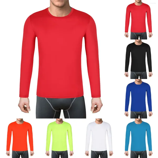 Camisetas masculinas de manga comprida com gola redonda e cor sólida