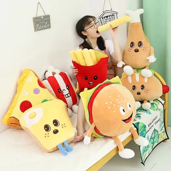 Cuscini di peluche Cuscini 3D Foodie Patatine fritte Pizza Pane Popcorn Hamburger Coscia di pollo Morbido peluche Cuscino per sedia da ufficio Cuscino Cartoon Toy 231016