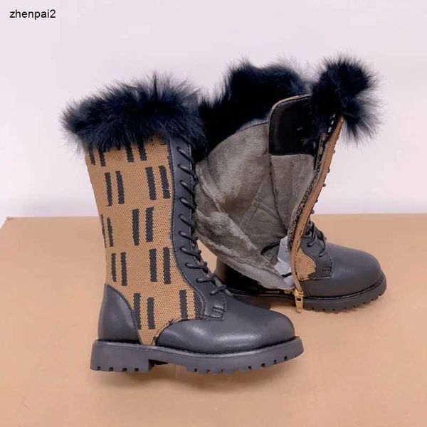 luxe Designer laarzen Kids jongens meisjes knielaars Combat Winter Booties Maten 26-35 Kinderen Gevoerd Bont Decor hoge lange schoenen