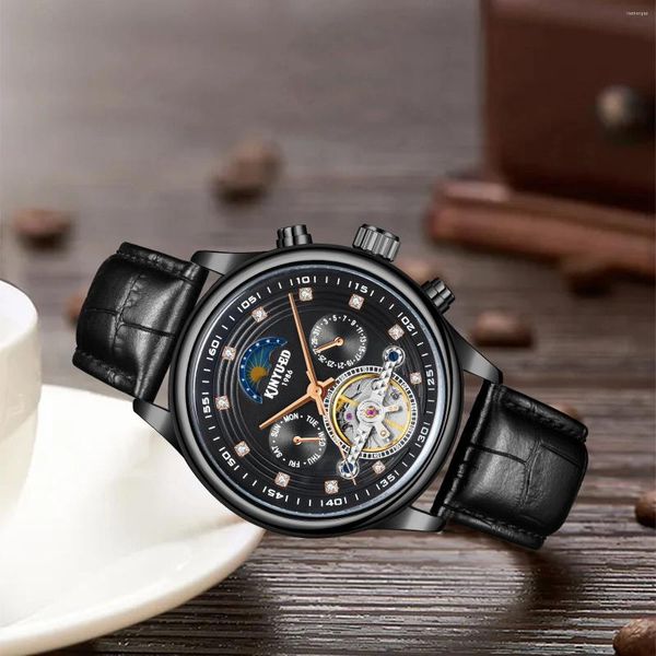 Relógios de pulso Kinyued lançado diamante homens relógios mecânicos para luminosa fase da lua relógio data semana mês display relógio clássico