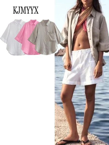 Blusas femininas kjmyyx moda verão mulheres blusa sólida linho 2023 feminino versátil camisas senhora casual manga longa topos branco rosa cinza