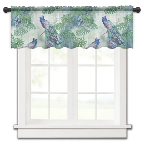 Cortina de folhas de pavão, verde, azul, curta, transparente, janela, tule, para cozinha, quarto, decoração de casa, pequenas cortinas de voile