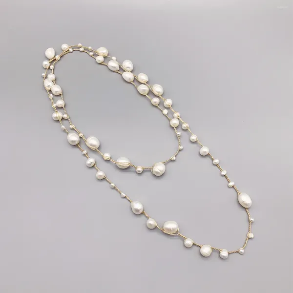 Ciondoli FoLisaCollana di perle bianche d'acqua dolce fatta a mano all'uncinetto con treccia unica per le donne Gioielli casual barocchi lunghi