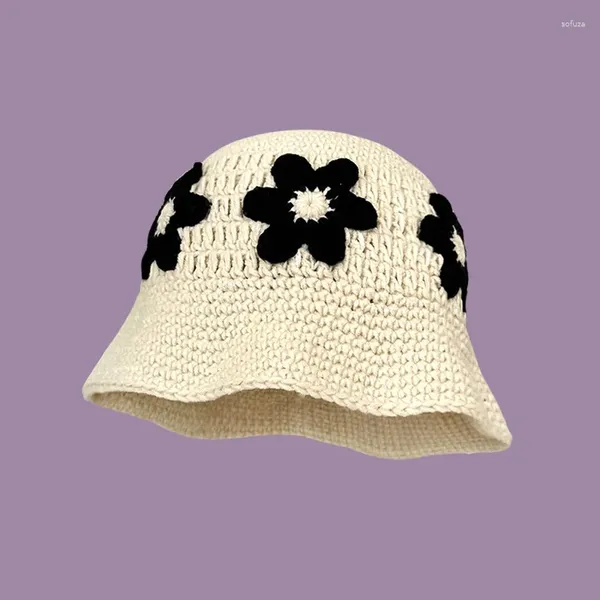 Berets 2023 outono crochê chapéu coreano artesanal balde feminino tecelagem de malha y2k moda flores inverno ins gorros