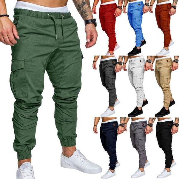 Calça cargo masculina plissada com vários bolsos Calça slim fit preta azul militar verde militar 204i