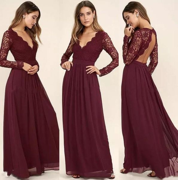 2023 estilo country ocidental marrom chiffon vestidos de dama de honra borgonha renda mangas compridas com decote em v sem costas praia vestidos de festa de casamento baratos