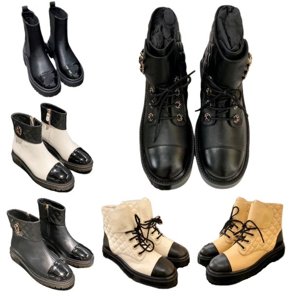 Stiefel neue Designer Damen dicker Boden Martin Boot Outdoor schwarze Ritterstiefel Luxus runde Zehen flache Ferse Plateauschuhe Lackleder rutschfeste Motorradstiefeletten